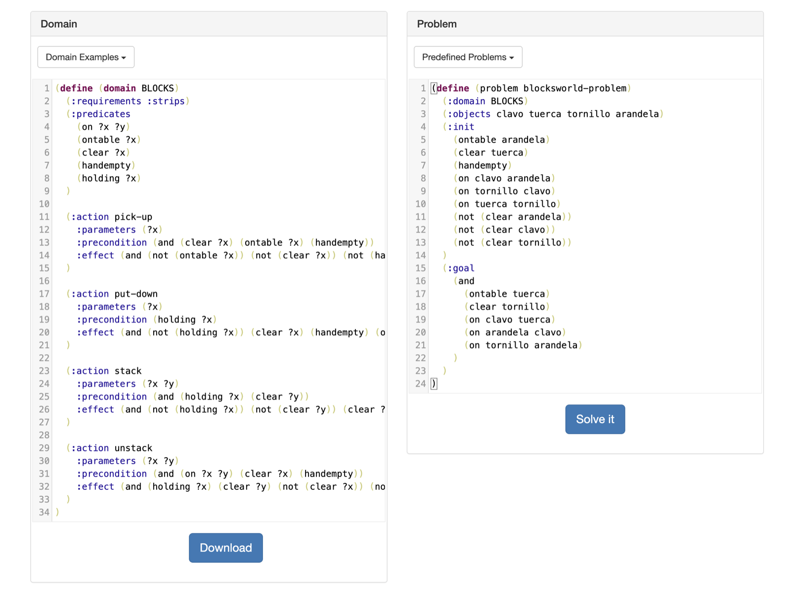 PDDL domain and problem loaded in an online solver