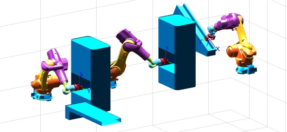 Task-space simulation with three 6-DOF robots and transfer stations